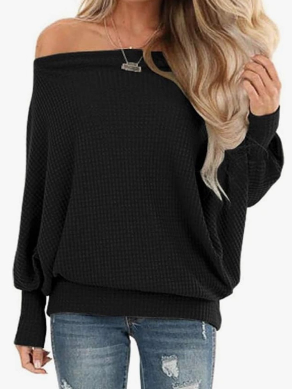 Women’s Off-Shoulder Black Waffle Knit Women's Sweater Black Size Medium